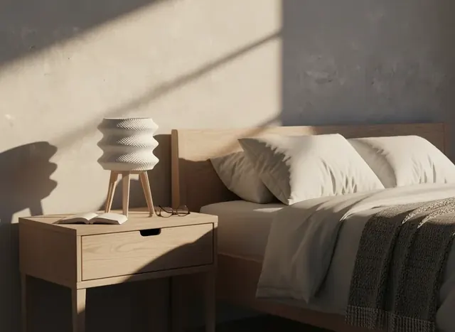 Abajur Ondas em um quarto com madeira clara e luz natural
