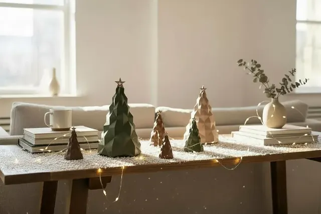 Pinheiros geométricos em uma composição de Natal