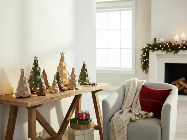 Árvores de Natal decorativas com faces geométricas, em tons de verde e areia, sobre um aparador